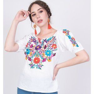 Mexican White Shirt Off the Shoulder Floral Embroidered Fiesta Top